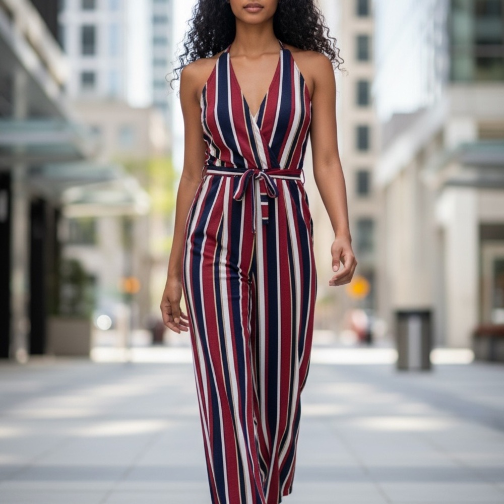Enfocus Studio Red and Black Striped Jumpsuit